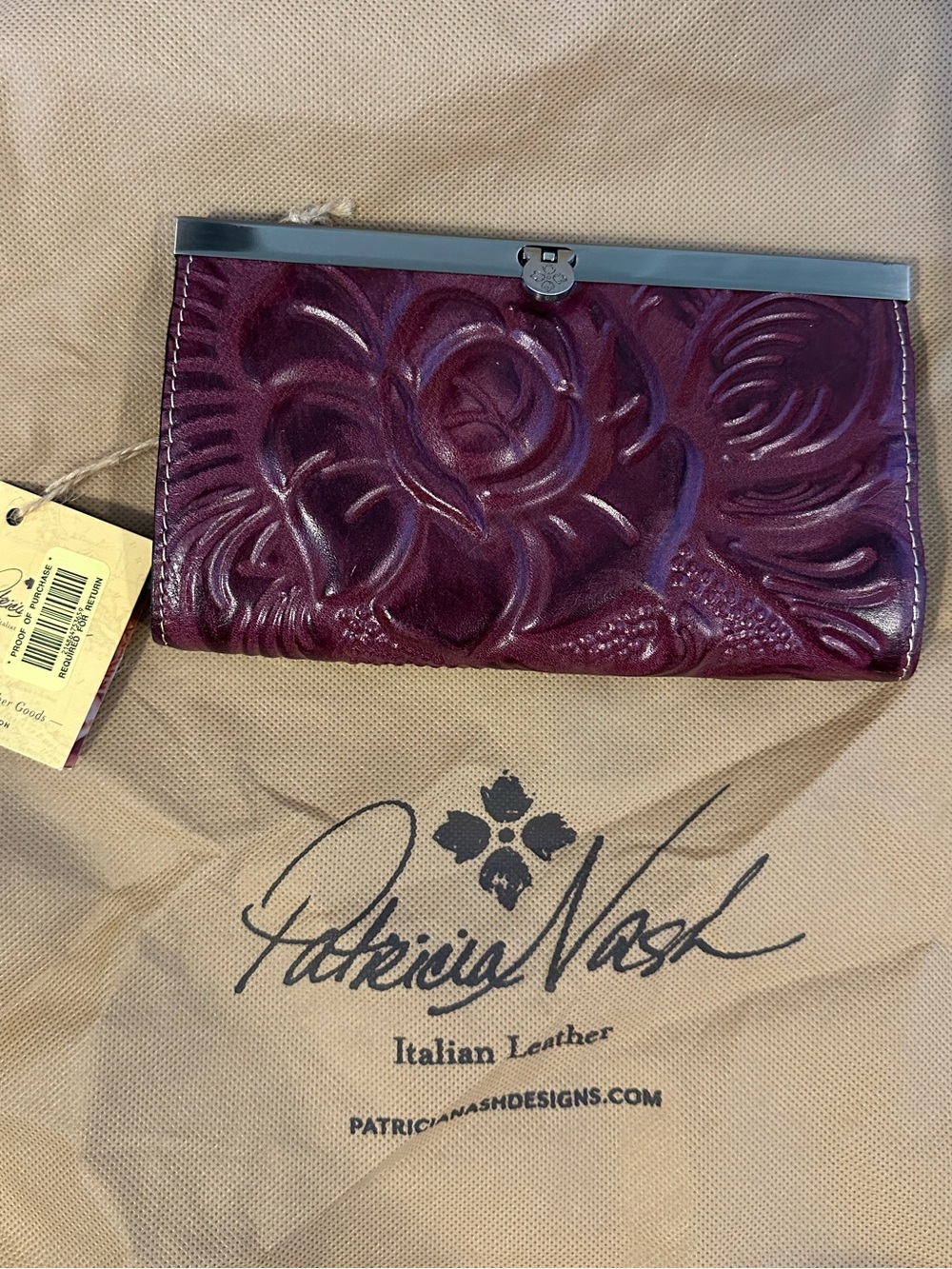 Patricia Nash Deep Plum Floral Embossed Leather Clutch Wallet